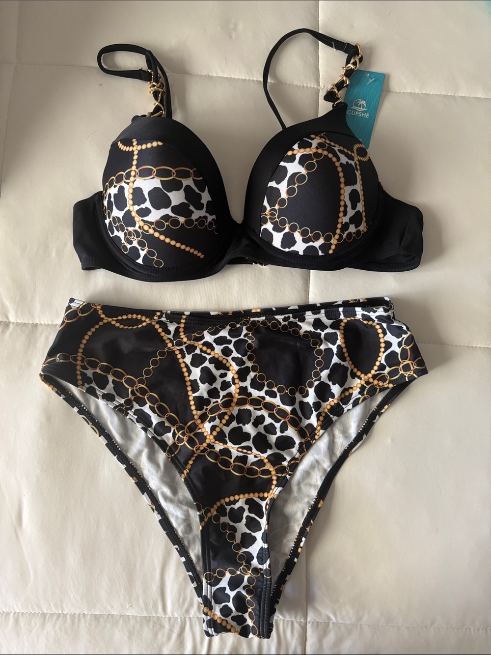 Cupshe Black, White & Gold Chain Print Push-Up Bikini Set